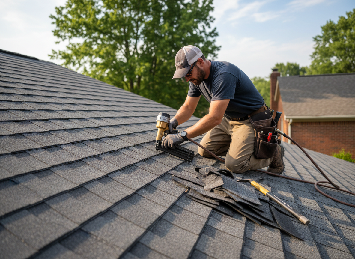 Roof shingle repair close-up